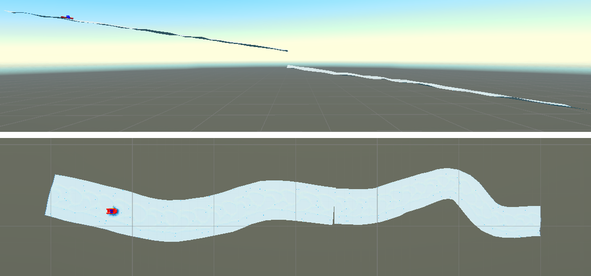 Side and top-down views of a river which contains a vertical fall but otherwise has the same normal everywhere.